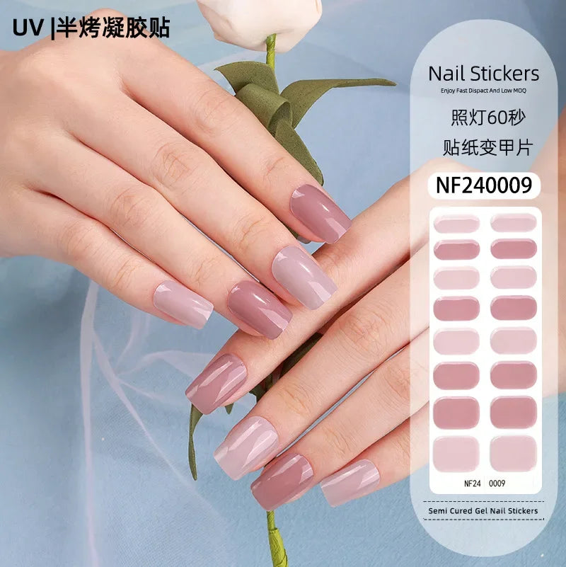 16/20/22Tips Semi-Cured Gel Nail Wraps Full Cover Manicure DIY Waterproof Long Lasting Gel Nail Stickers Set for UV Lamp Need