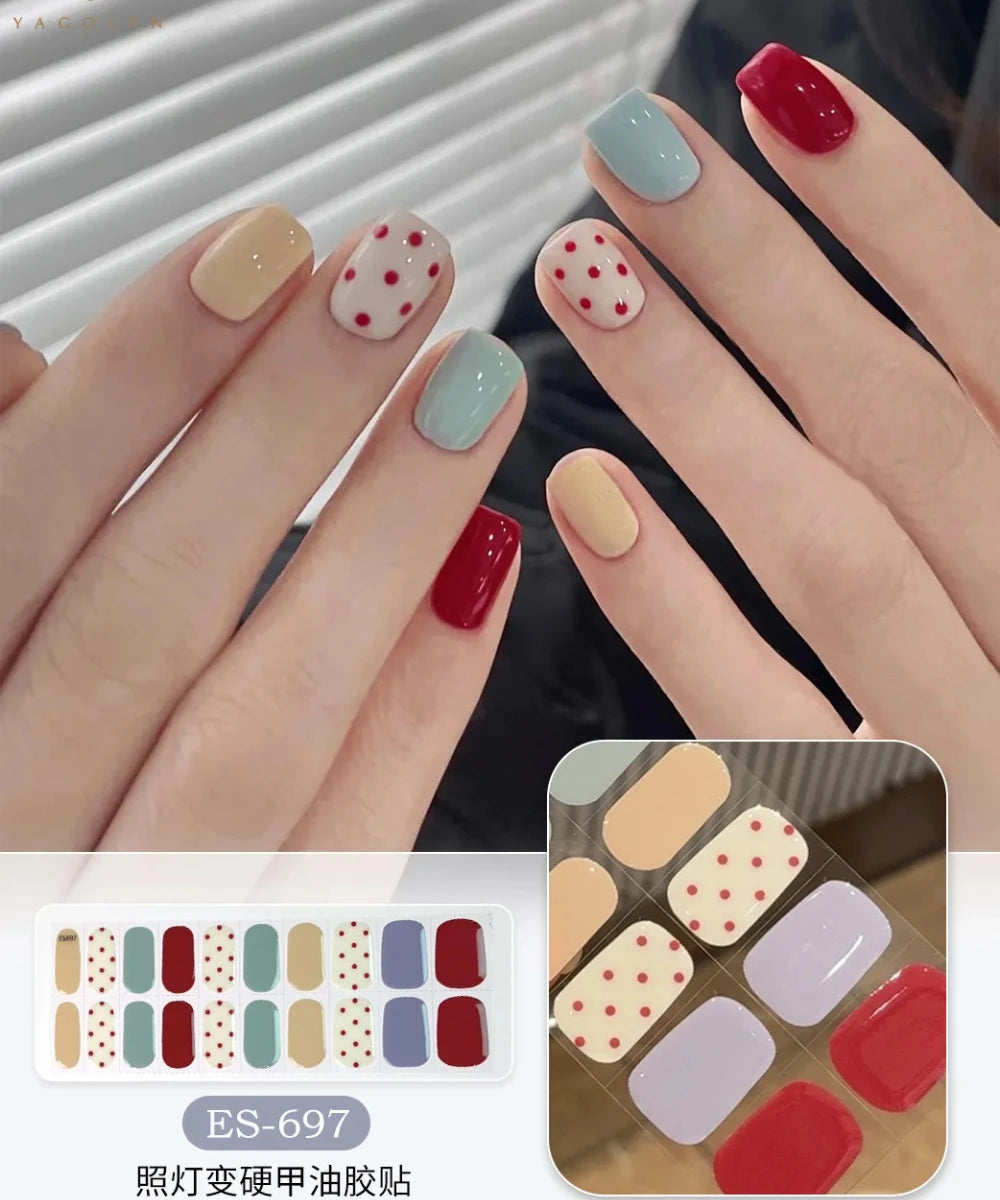 16/20/22Tips Semi-Cured Gel Nail Wraps Full Cover Manicure DIY Waterproof Long Lasting Gel Nail Stickers Set for UV Lamp Need
