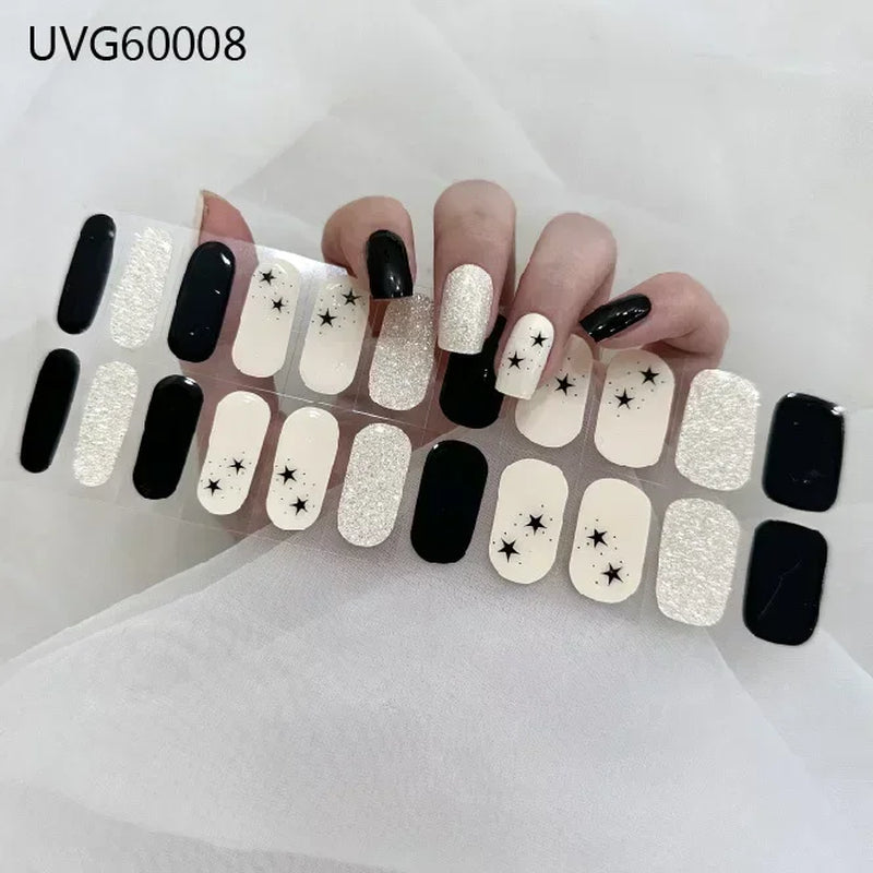 16/20/22Tips Semi-Cured Gel Nail Wraps Full Cover Manicure DIY Waterproof Long Lasting Gel Nail Stickers Set for UV Lamp Need