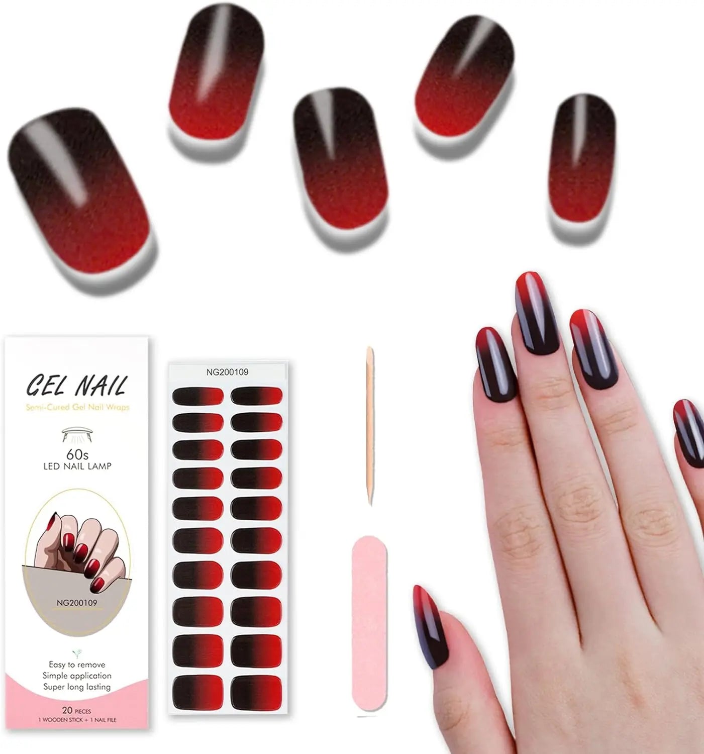 16/20/22Tips Semi-Cured Gel Nail Wraps Full Cover Manicure DIY Waterproof Long Lasting Gel Nail Stickers Set for UV Lamp Need