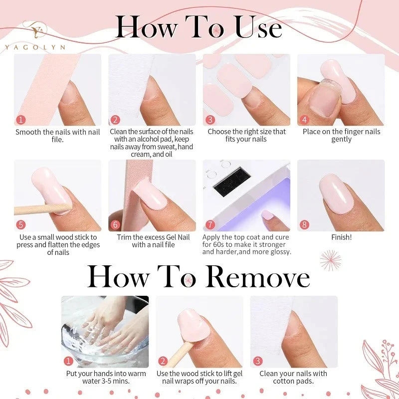 16/20/22Tips Semi-Cured Gel Nail Wraps Full Cover Manicure DIY Waterproof Long Lasting Gel Nail Stickers Set for UV Lamp Need