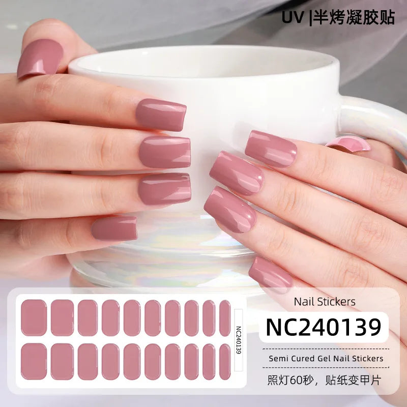 16/20/22Tips Semi-Cured Gel Nail Wraps Full Cover Manicure DIY Waterproof Long Lasting Gel Nail Stickers Set for UV Lamp Need