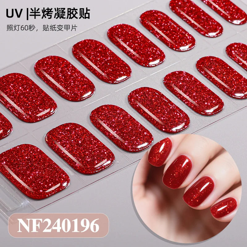 16/20/22Tips Semi-Cured Gel Nail Wraps Full Cover Manicure DIY Waterproof Long Lasting Gel Nail Stickers Set for UV Lamp Need