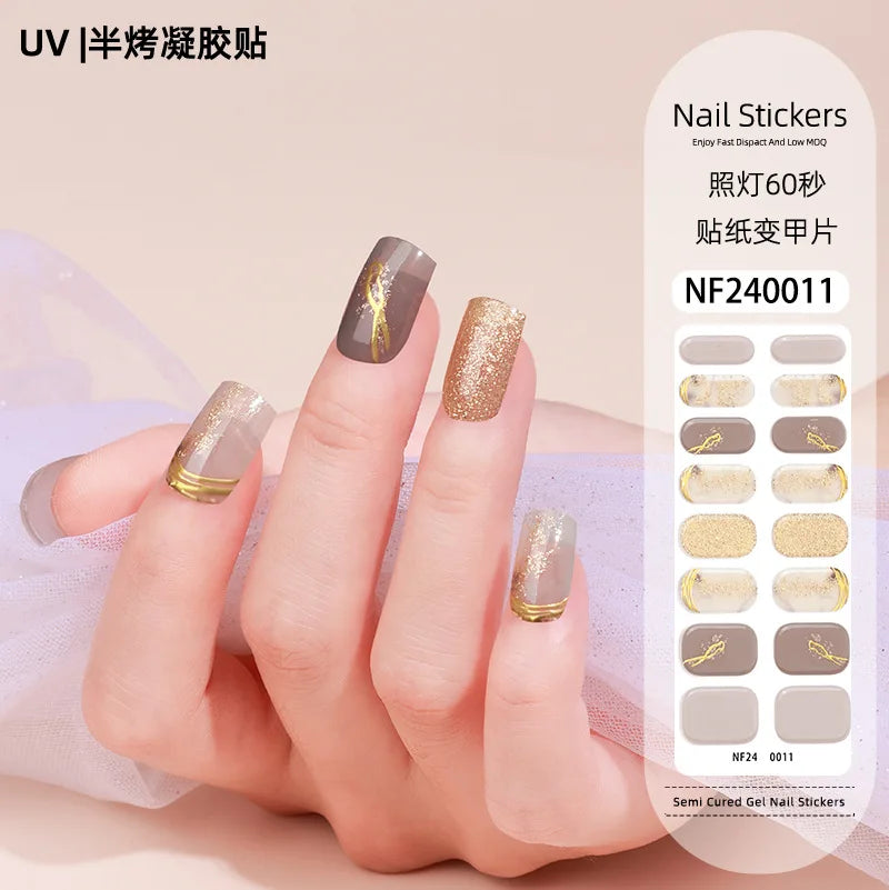 16/20/22Tips Semi-Cured Gel Nail Wraps Full Cover Manicure DIY Waterproof Long Lasting Gel Nail Stickers Set for UV Lamp Need