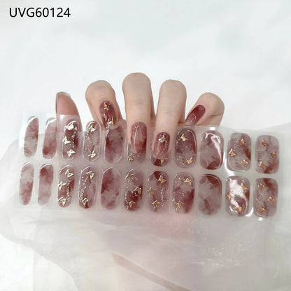 16/20/22Tips Semi-Cured Gel Nail Wraps Full Cover Manicure DIY Waterproof Long Lasting Gel Nail Stickers Set for UV Lamp Need