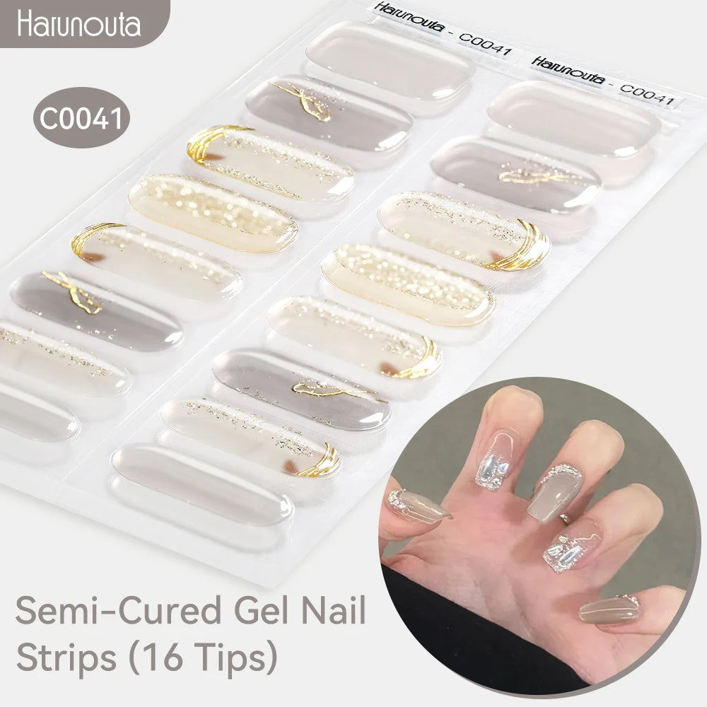 Gold Foil Semi-Cured Gel Nail Stickers Adhesive Waterproof Long Lasting Full Cover Gel Nail Stickers UV Lamp Needed